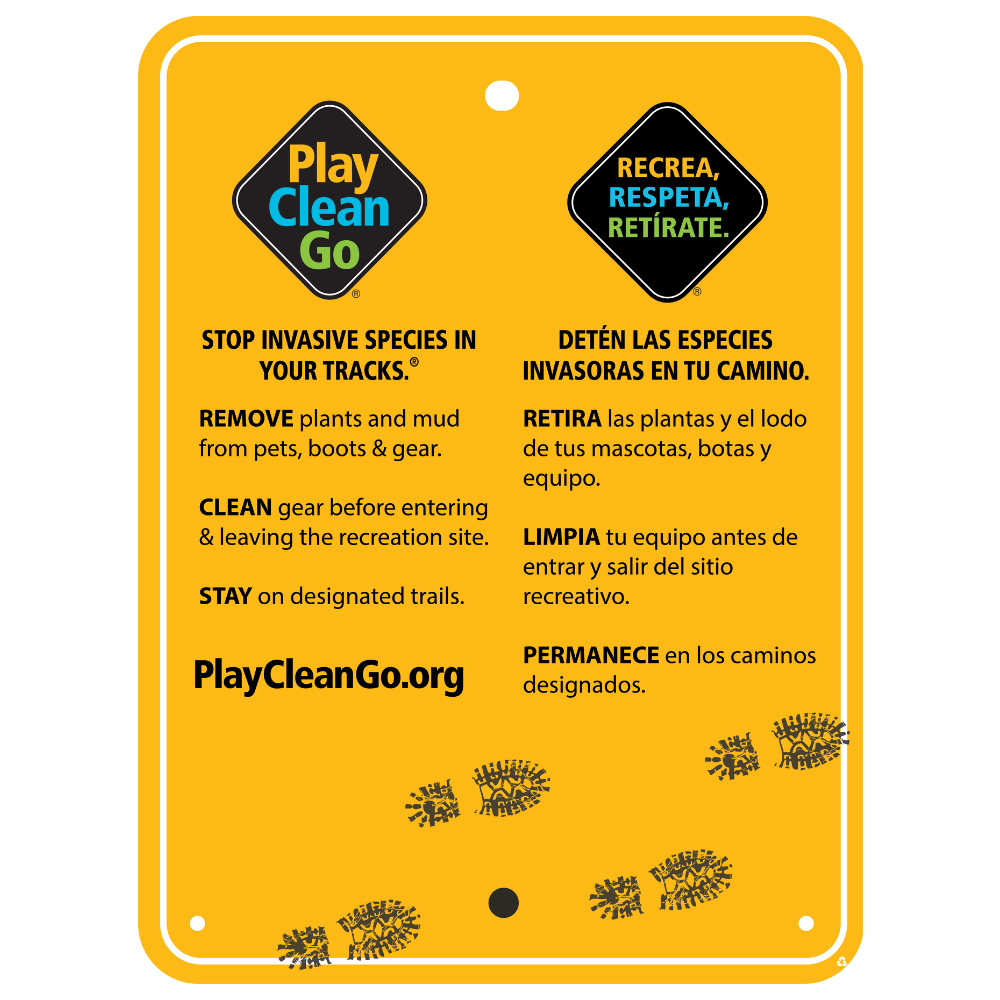 PlayCleanGo™️ STOP INVASIVE SPECIES IN YOUR TRACKS Trail Sign (Dual Language -English & Spanish