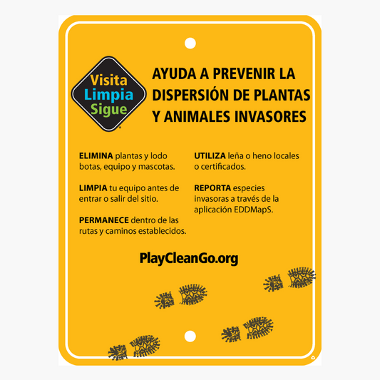 PlayCleanGo™️ STOP INVASIVE SPECIES IN YOUR TRACKS Trail Sign (Spanish)