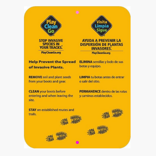 PlayCleanGo™️ STOP INVASIVE SPECIES IN YOUR TRACKS Trail Sign (Dual Language -English & Spanish
