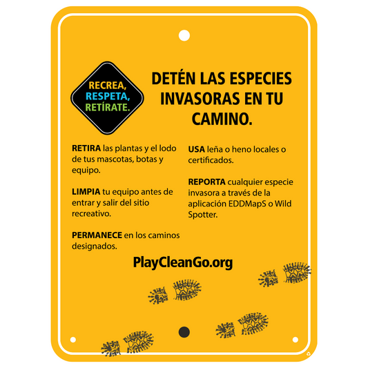 PlayCleanGo™️ STOP INVASIVE SPECIES IN YOUR TRACKS Trail Sign (Spanish)